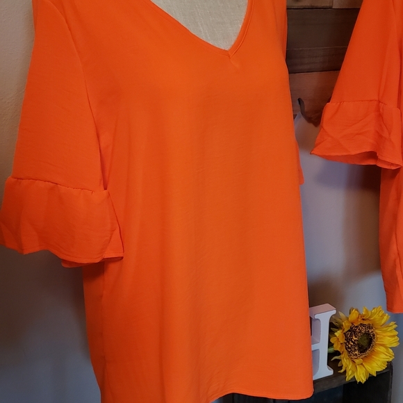 Neon coral ruffle sleeve top. - Picture 3 of 3